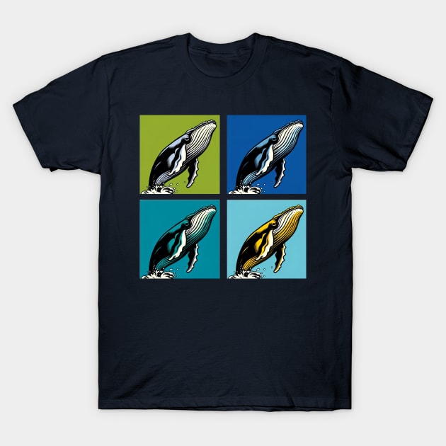 Vibrant Ocean Spectacle: Pop Art Whale Extravaganza T-Shirt by PawPopArt